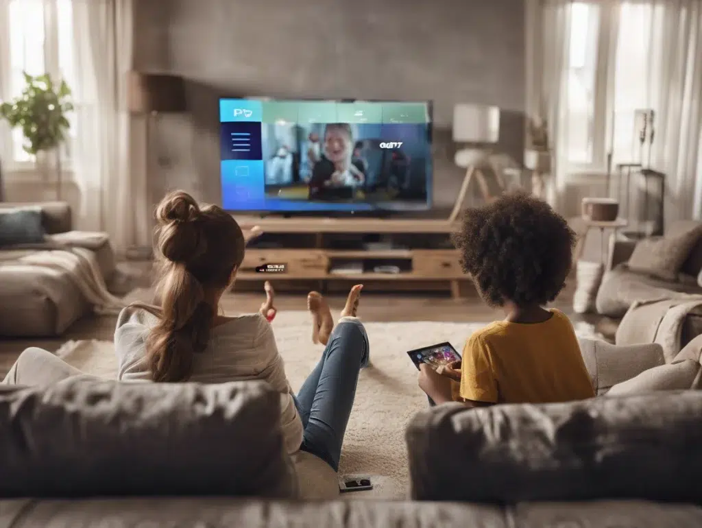 Two people watching 4K IPTV streaming on a smart TV in a cozy modern living room
