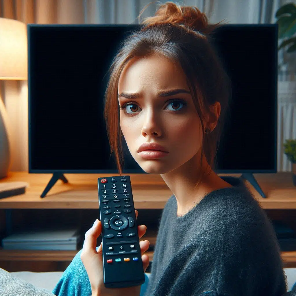 Woman navigating IPTV interface with visible buffering and network diagnostics.