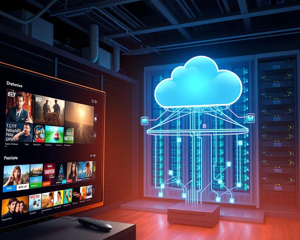 How does IPTV work showing cloud-based server delivering content to a smart TV interface.
